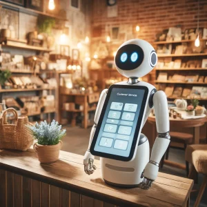 Robot de IA en una tienda boutique mostrando opciones de marketing en una pantalla digital rodeado de productos artesanales únicos.